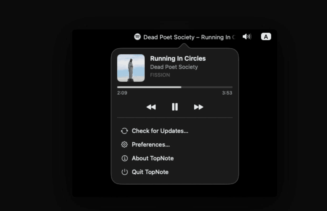 TopNote's menu bar popover showing live playback