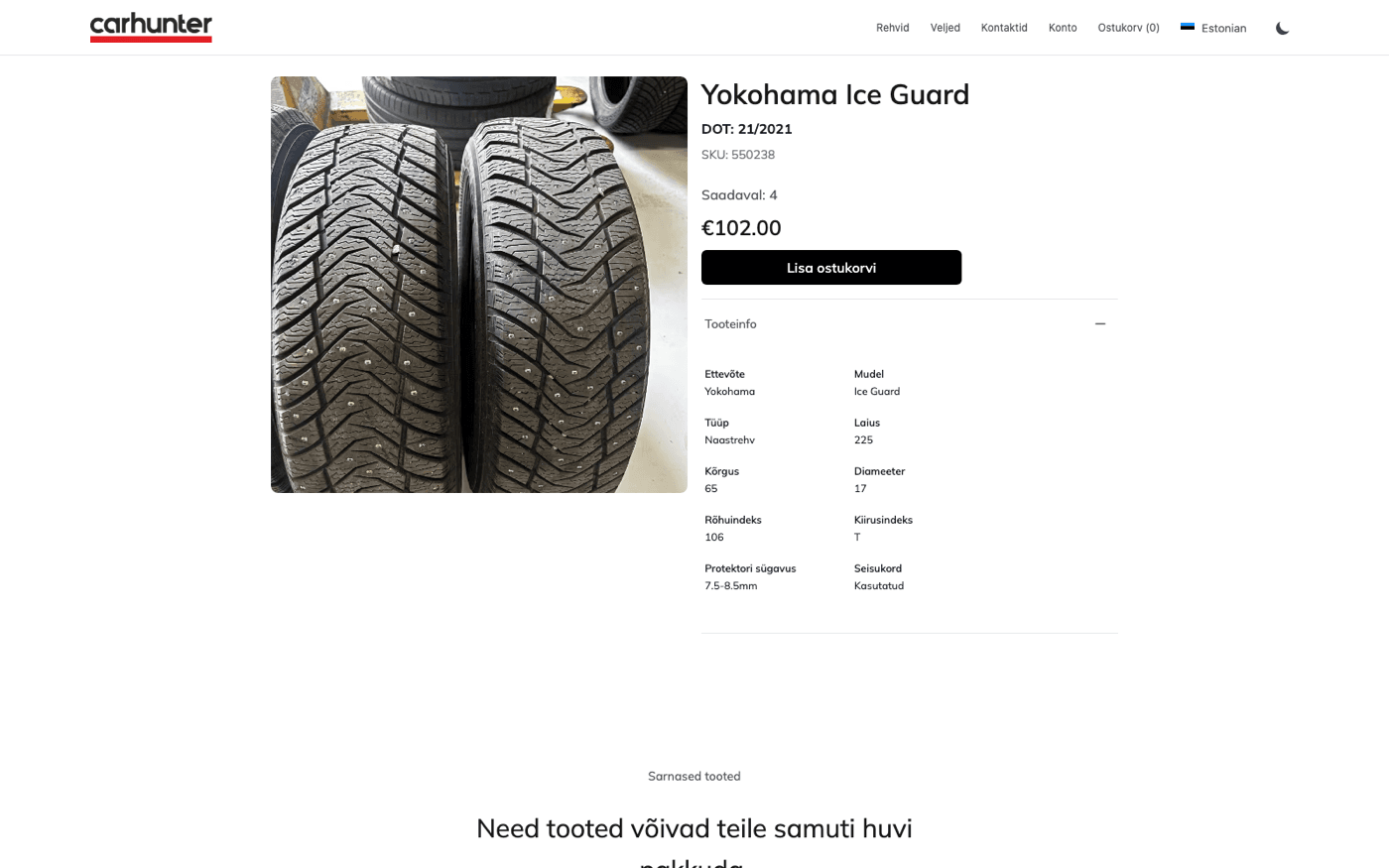 Tyre product detail page