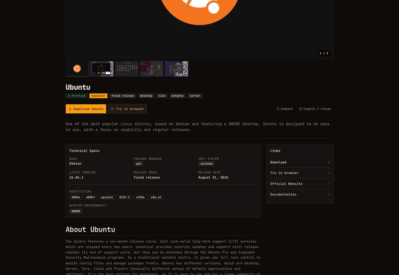 Ubuntu distro detail page with technical specs panel