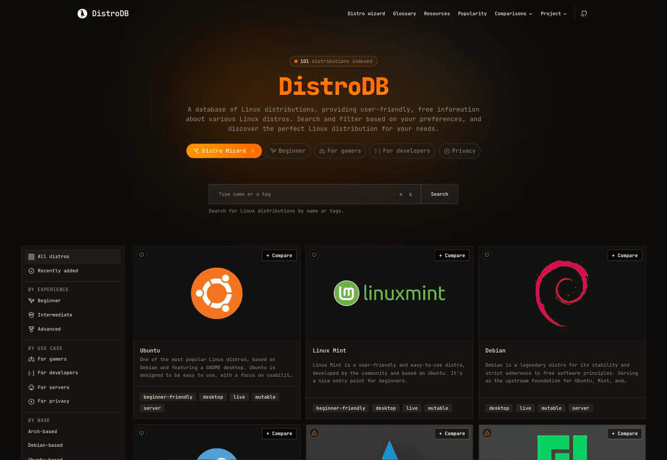 DistroDB homepage with distro count, quick-filter chips and search