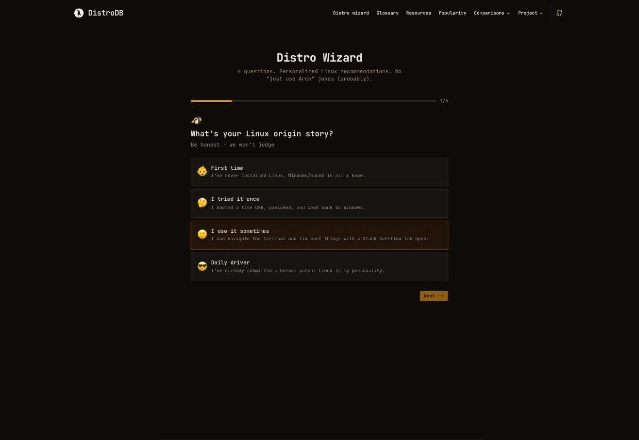 Distro Wizard interactive quiz asking about Linux experience
